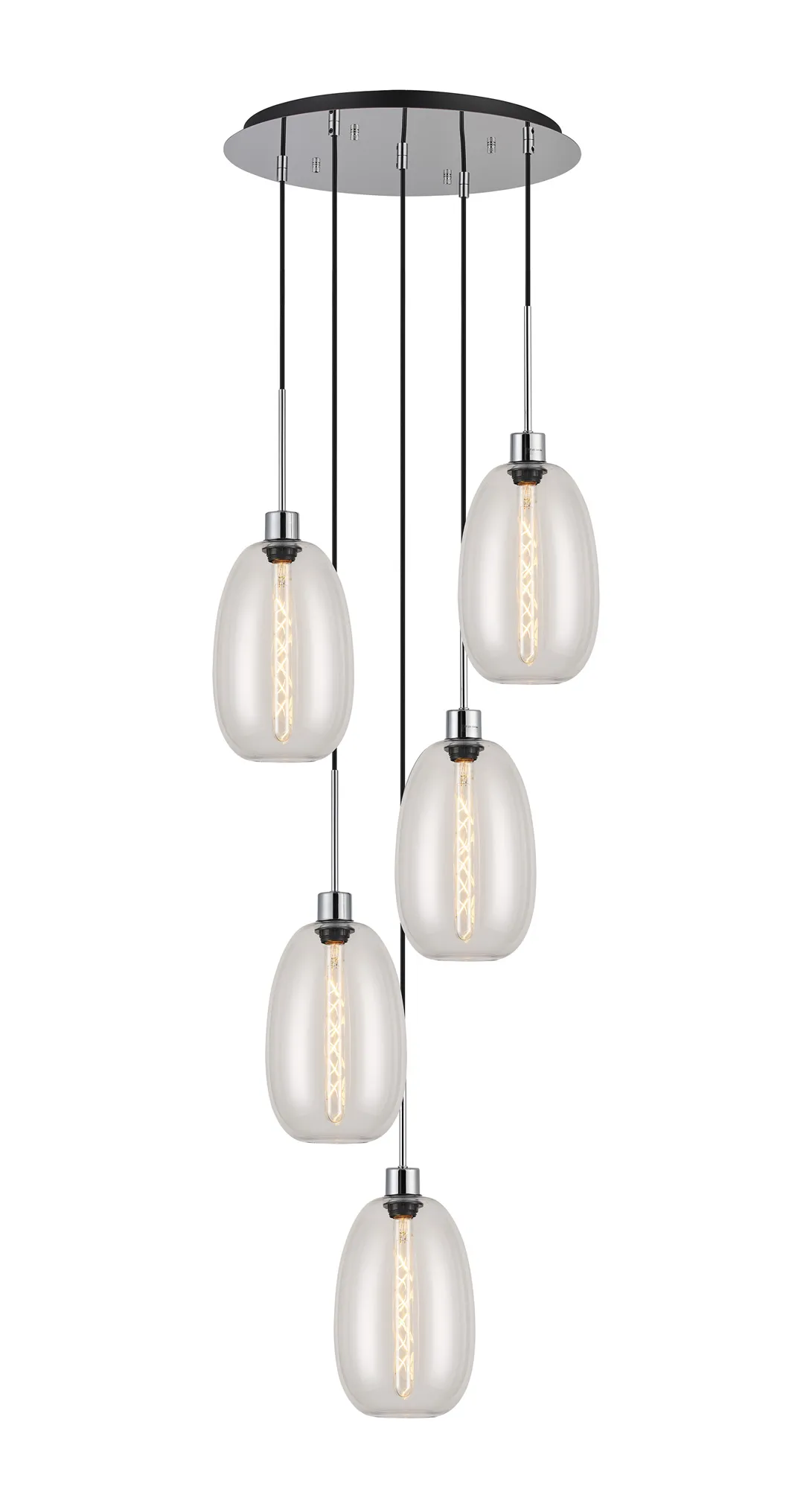 DK1283  Lori cm Round Pendant, 5 Light Adjustable E27, Polished Chrome/Clear Slim Curved Trapezium Shades